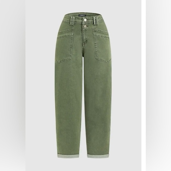 Flamingals Roll Hem  Mid Waist Straight Leg Crop Jeans in Army Green Medium NWT - Picture 4 of 11